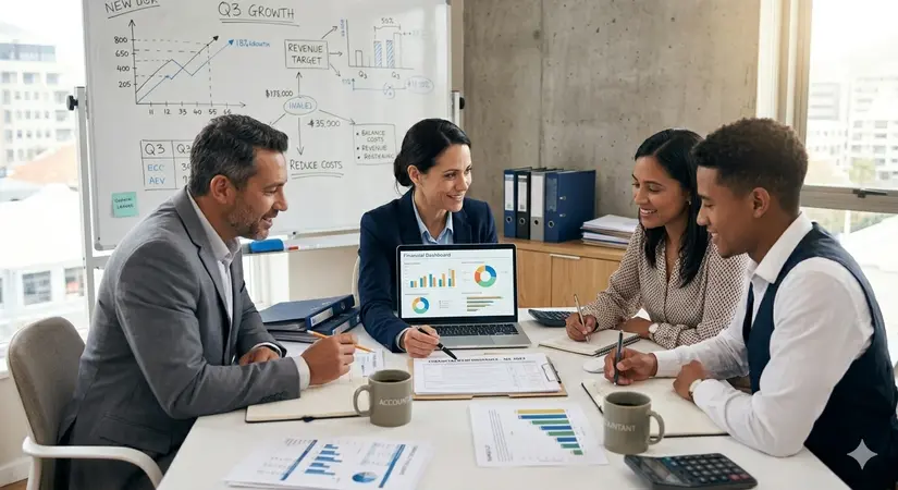 Equipo de trabajo revisando gráficas financieras en una reunión